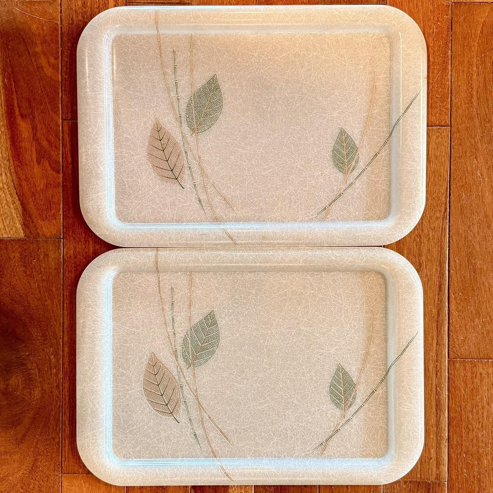 LOTof2‎ VTG Retro 1960s 60s MCM Fiberglass Serving Tray Trays Bamboo Leaves Leaf